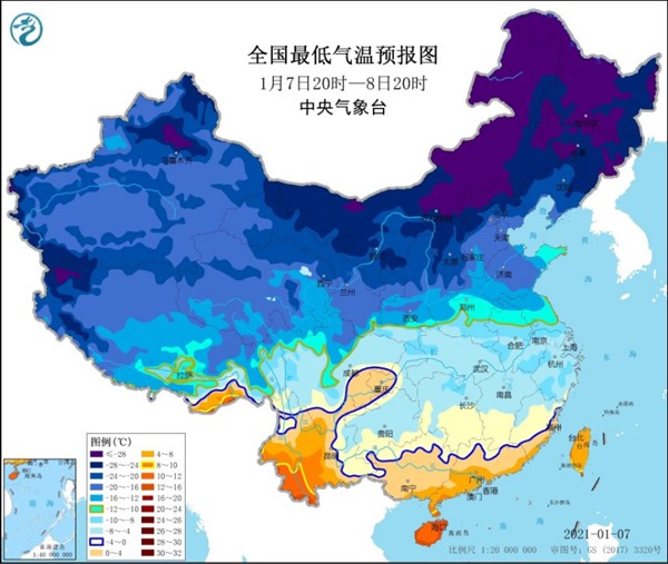                     寒潮蓝色预警：云南广东部分地区降温幅度将超8℃                    2