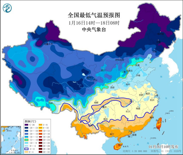                     寒潮蓝色预警 最低气温0℃线将达江南南部至华南北部                    2