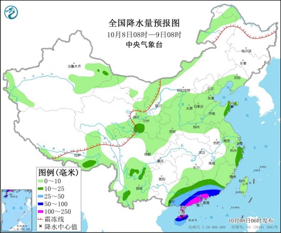 10月8日至9日北方风雨降温齐来袭 华南南部风大雨强                    1
